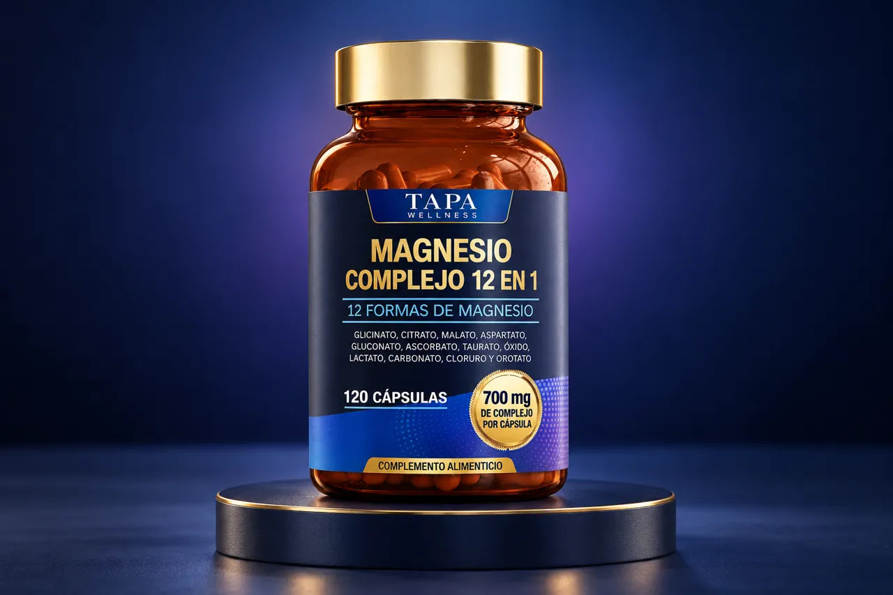 Envase de Tapa Wellness sobre un pedestal azul marino con detalles dorados.
