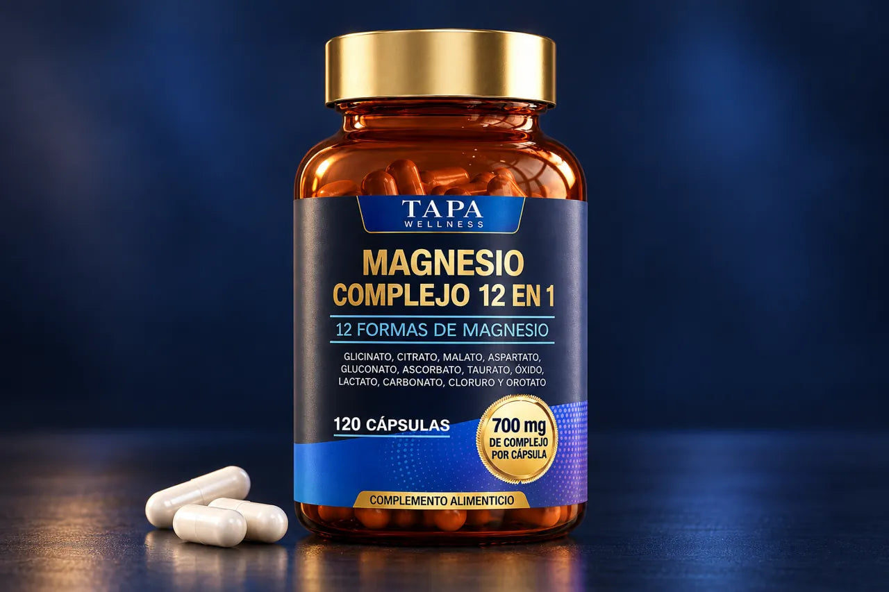 Detalle del frasco de Complejo de Magnesio 12 en 1 de Tapa Wellness y tres cápsulas sobre fondo azul marino.