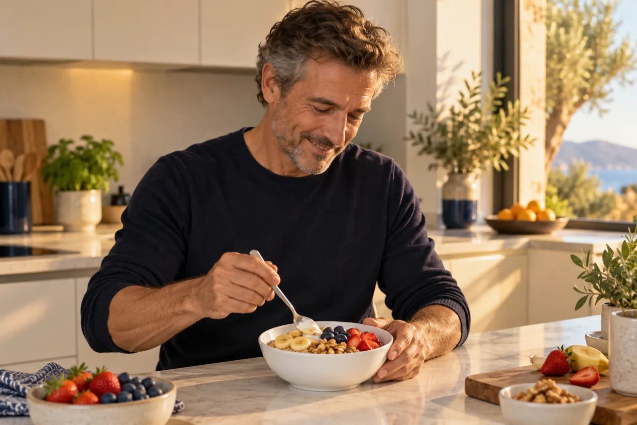 Hombre preparando un desayuno equilibrado en una cocina luminosa.
