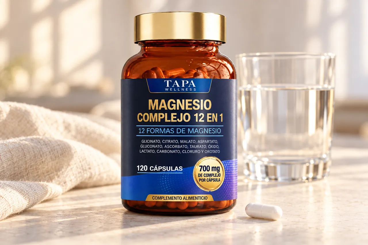 Envase de Tapa Wellness junto a un vaso de agua y una cápsula blanca.